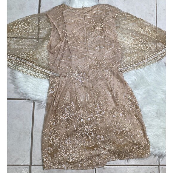 Hello Molly Gold Sheer Embellished Winged Cape Mini Evening Cocktail Dress L - Picture 2 of 8
